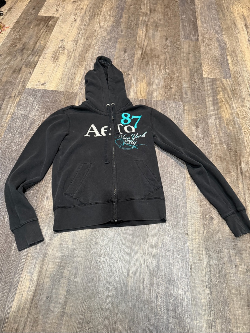 Aeropostale Black Zip Hoodie with Teal '87' Graphic